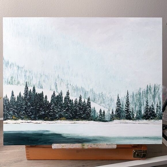 Original Oil Painting, Snowy Lake with Pines, Winter Landscape Art 16x20 Signed - Picture 2 of 8